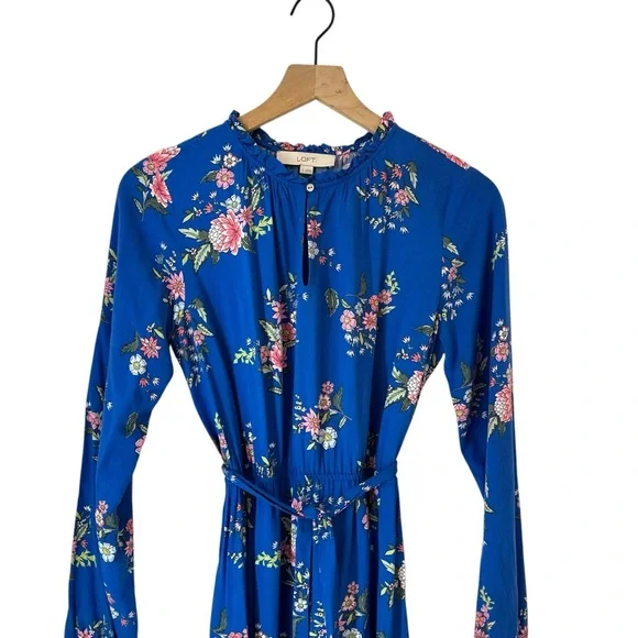 Loft Floral Tiered Maxi Dress Blue Long Balloon Sleeve Belted Full Length Size 2 - Picture 5 of 12